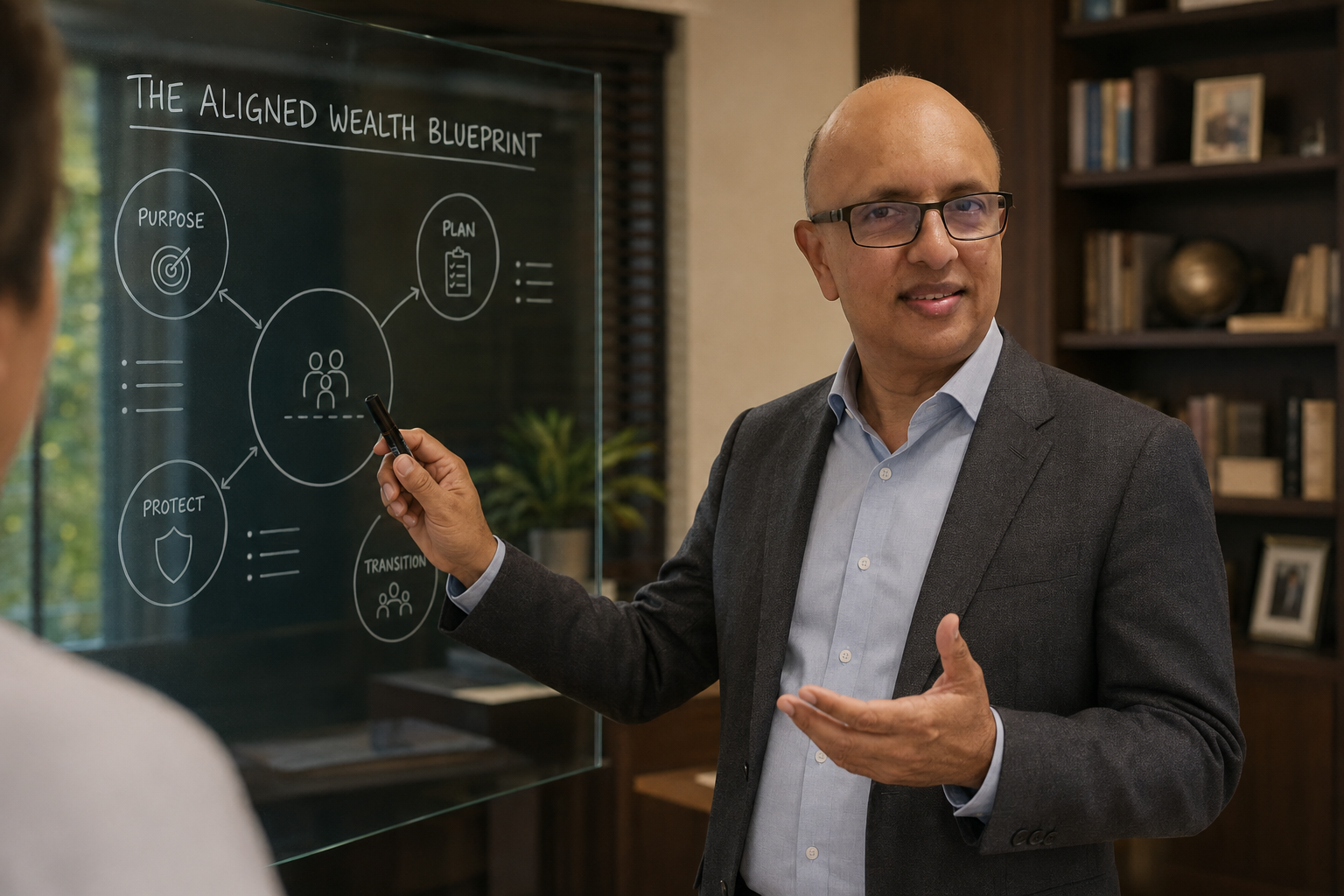 Kish presenting the Aligned Wealth Blueprint on a glass whiteboard